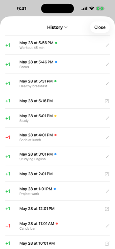 todayXP history with color tags